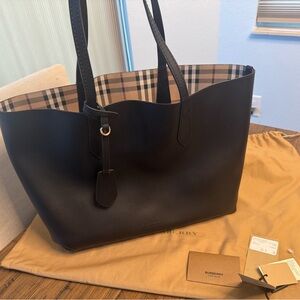 Burberry Reversible Black Leather Tote with Check Interior
